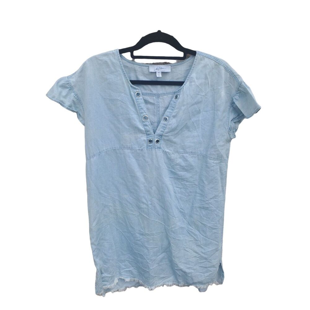 Libby Edelman Shirt Dress Medium Womens Cap Sleeve V Neck Pullover Raw Hem‎ Blue